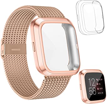 HAPAW Metal Bands Plus Screen Protector Case Compatible with Fitbit Versa 2, Stainless Steel Magnetic Mesh Strap Men Women Bracelet Wristbands Accessories with 2-Pack Bumper Cover for Versa 2 Smartwatch (RoseGold, Small)
