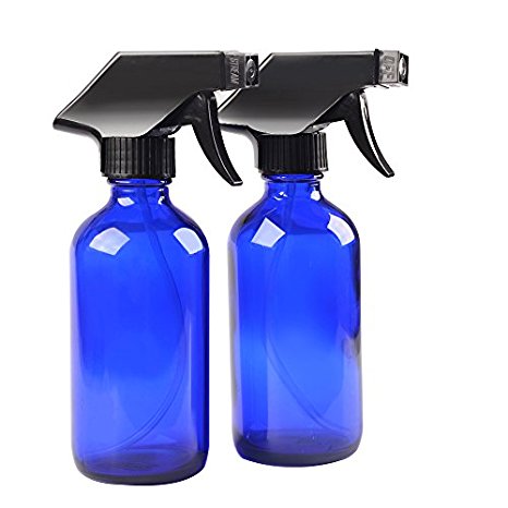 Two Blue Glass Spray Bottle Bottles with Black Trigger Sprayer.8 oz Refillable Bottle for Essential Oils,Cleaning Products,Aromatherapy,Organic Beauty Products.Stream and Spray Settings Available