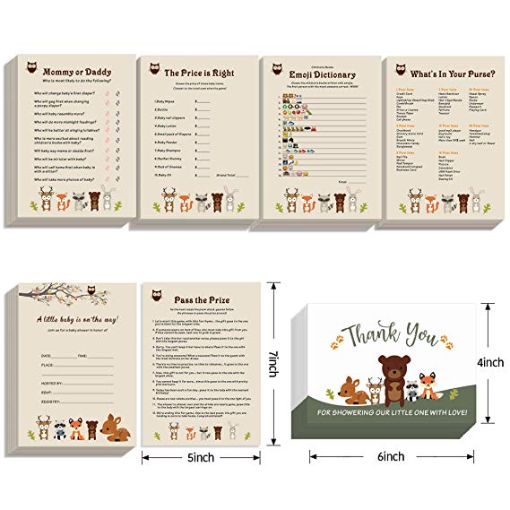 Baby Shower Games - Set of 5 Activities - (25 Cards Each 151 Total ), Woodland Animals Baby Shower Supplies Invitation Card &Thank You Card Pack for Boy, Girl - Fun Gender Reveal Part
