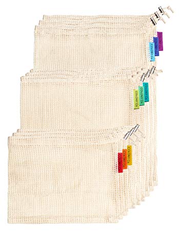 Colony Co. Reusable Produce Bags, Organic Cotton Mesh is Biodegradable, Machine Washable, Tare Weight on Label, Set of 9 (3 Small - 3 Medium - 3 Large) Plastic-Free Packaging