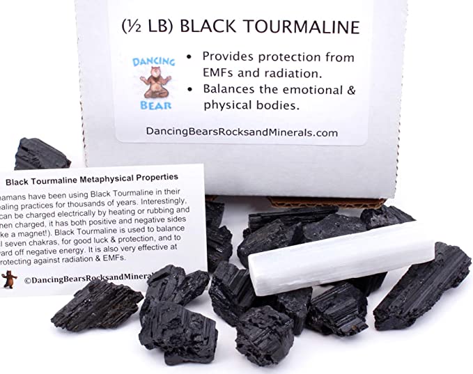 Dancing Bear Black Tourmaline Crystals Bulk (1/2 LB), Includes: (1) 3”Selenite stick & Information cards, Rough Raw Natural Stones for Good Vibes, Reiki Energy, EMF & Radiation Protection, Made in USA