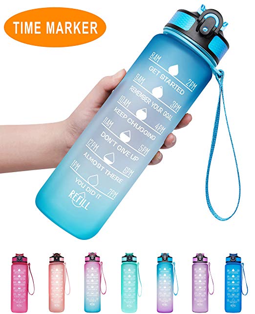 Venture Pal 32oz/22oz Motivational Fitness Sports Water Bottle with Time Marker & Straw, Large Wide Mouth Leakproof Durable BPA Free Non-Toxic