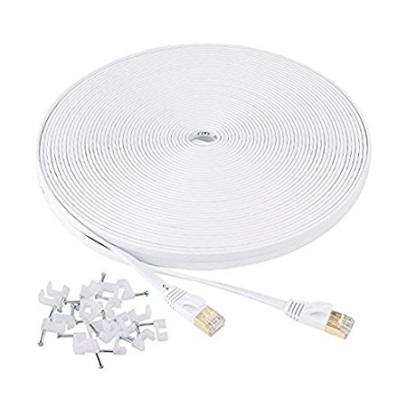 HANYUN CAT7 Double Shielded (SSTP) 10 Gigabit 600MHz Ethernet LAN Network Flat Cable High Speed Patch Cord - Built with Copper Plated & Shielded RJ45 Connectors (100ft/30m, White)