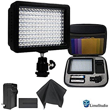 LimoStudio 160 LED Video Light Lamp Panel Dimmable for DSLR Camera DV Camcorder with Hard Carry Case & Black SuperFiber Lens Cleaning Cloth, AGG1814