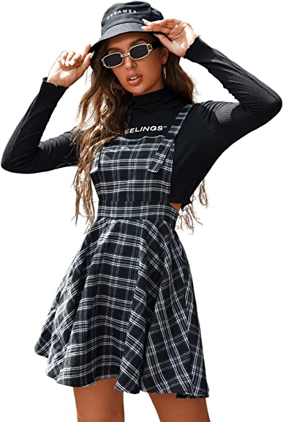 Milumia Women's Casual Plaid Sleeveless Zipper A Line Mini Overall Pinafore Dress