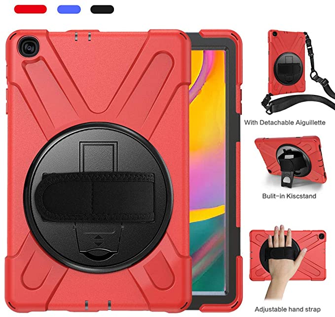 Samsung T510/T515 Case Galaxy Tab A 10.1 2019 Case,Hybrid Shockproof Protective Cover with Carrying Shoulder Strap and Rotatable Kickstand/Handle Hand Strap,for Kids (Red)
