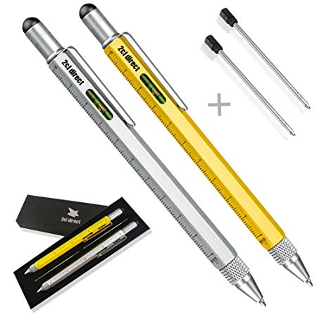 Screwdriver Pen Tool Gadget Set - Sturdy Aluminum Stylus Pen - Ruler (cm/inch/scale), Ballpoint Pen, Level Gauge, Stylus, Phillips & Flathead Screwdriver - Gift Boxed with 4 Ink Cartridges