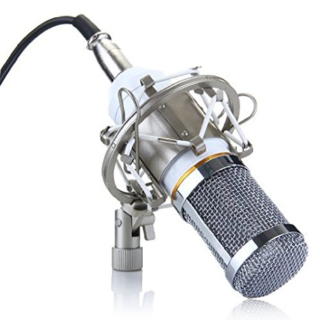 Floureon Condenser Sound Studio Recording Microphone Mic Dynamic with Shock Mount New, Ideal for radio broadcasting studio, voice-over sound studio, recording and so on White BM-800