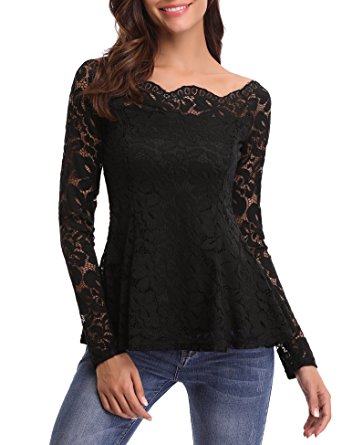 iClosam Women Sexy Off Shoulder A-Line Long Sleeve Floral Lace Top