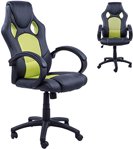 HOMCOM Racing Office Chair PU Leather Executive Desk Chair Gaming Swivel Adjustable Computer Chair (Black & green)