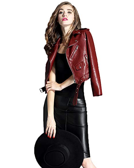 LY VAREY LIN Women's Faux Leather Motorcycle Jacket PU Slim Short Biker Coat