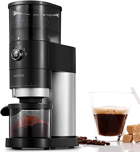 Burr Coffee Grinder, AICOOK Electric Conical Burr Grinder with 42 Precise Grind Settings, One Touch with 50S Grinding, Easy to Clean, Black Matte