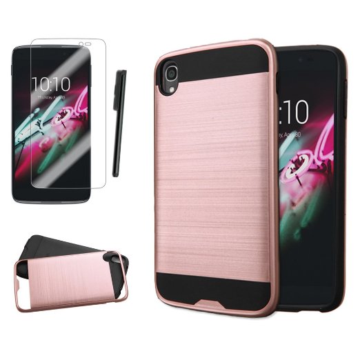 Alcatel One Touch Idol 3 55 Case JoJoGoldStarTM Brushed Design Hybrid Slim Fit Heavy Duty Shockproof Plastic and Silicone TPU Hard Cover  Stylus and Screen Protector Rose Gold  Black