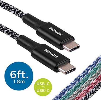 Philips 6 Ft. 2 Pack USB Type C Cable, USB-C to USB-C Black Durable Braided Fast Charging Cable, Compatible with iPad Pro, MacBook Pro, Samsung Galaxy S10 S9 Note 9 8 S8 Plus, DLC5226BC/37