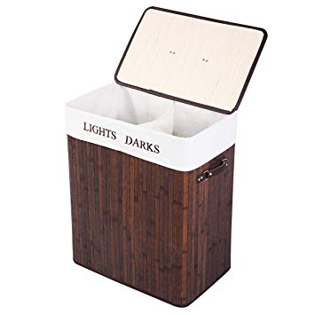 Giantex Folding Double Rectangle Bamboo Hamper Laundry Basket Cloth Storage Bag Lid (Deep Brown)