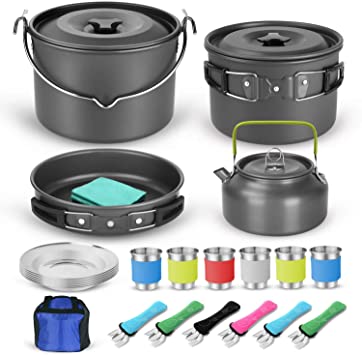 Odoland 22pcs Camping Cookware Mess Kit, Large Size Hanging Pot Pan Kettle with Base Cook Set for 4, Cups Dishes Forks Spoons Kit for Outdoor Camping Hiking and Picnic