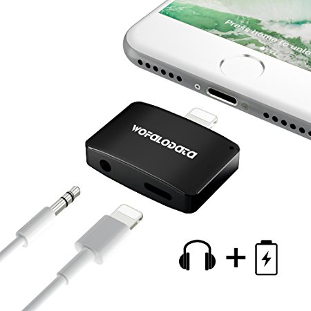 2 in 1 Lightning Adapter for iPhone 7/7 Plus,Wofalodata 2nd Generation Lightning to Aux 3.5mm Audio Headphone and Charge Cable Splitter Compatible for iOS 10.3 - Black