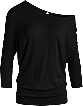 Dolman Tops for Women Sexy Off The Shoulder Tops Banded Waistband Shirts 3/4 Sleeves Regular and Plus Size Tops