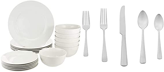 AmazonBasics 18-Piece White Kitchen Dinnerware Set, Dishes, Bowls, Service for 6 & 20-Piece Stainless Steel Flatware Silverware Set with Square Edge, Service for 4