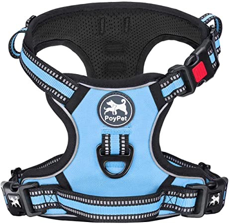 PoyPet No Pull Dog Harness, [Release on Neck] Reflective Adjustable No Choke Pet Vest with Front & Back 2 Leash Attachments, Soft Control Training Handle for Small Medium Large Dogs(Light Blue,XS)