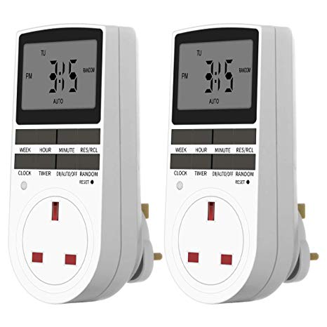 24 Hour/7 Day-Timer Plug Socket, Electronic Digital Plug-in Timer Switch with LCD Display Programmable Anti-Theft Random Mode Timer Socket for Lights, Lamp (2 Pack)
