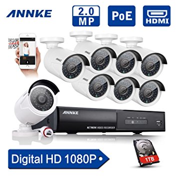 [1080P POE] Annke 8CH 1080P PoE NVR & 2TB Hard Drive with 8xHD 2.0MP 100ft Night Vision Security Camera System (Quick Remote Access, 2.0 Mega-pixels,Power Over Ethernet,Motion Detection)
