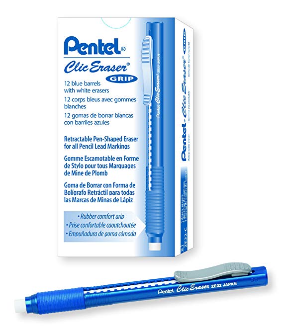 Pentel Clic Eraser Grip, Retractable Eraser, Blue Barrel, Box of 12 (ZE22C)