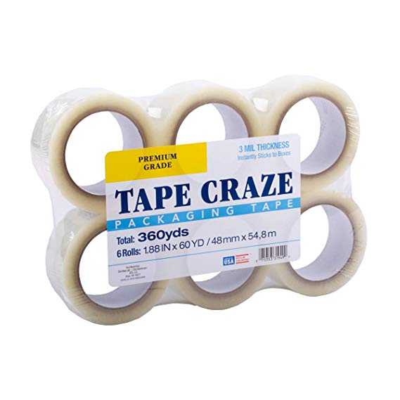 Tape Craze High Performance Packing Tape Refill Rolls, 3.0 mil Heavy Duty, Each Roll 1.88 Inch Wide x 60 Yard, 6 Pack - 360 Total Yards, Clear (242796)