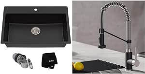 KRAUS 31 Inch Dual Mount Single Bowl Granite Kitchen Sink   KRAUS Boldenâ„¢ Single Handle 18-Inch Commercial Kitchen Faucet (Matte Black)