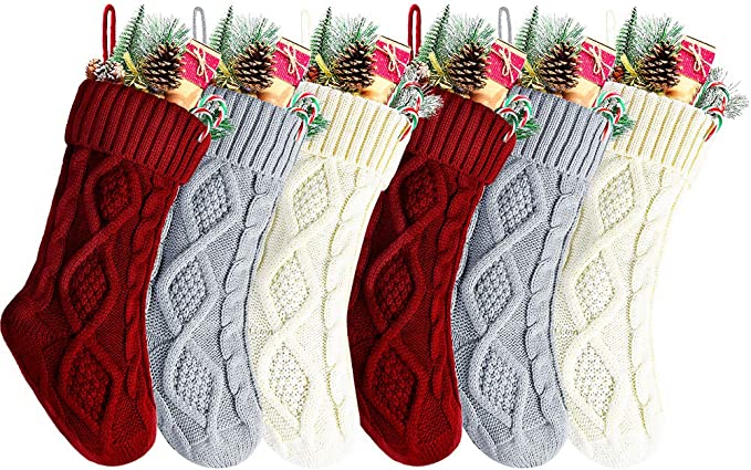 Kunyida 14 Inches Burgundy, Ivory, Gray Knitted Christmas Stockings,6 Pack