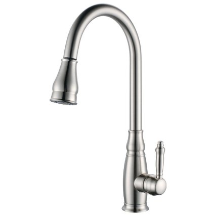 KES Kitchen Faucet Pulldown Spray Single Handle Traditional Style Single Hole Bar Sink Water Mixer Tap with Pull Down Sprayer Swivel High Arc Gooseneck Spout, Brushed Nickel, L6932-2