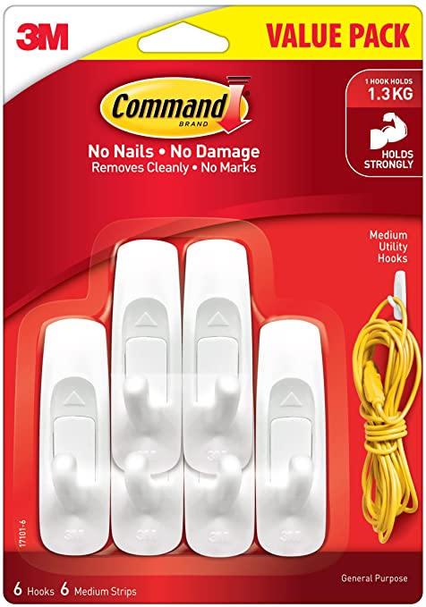 3M Command, Medium Utility Wall Hooks (Value Pack), Up to 1.3kg, Heavy Duty, Holds Strongly, Reusable, Adhesive Hooks for Wall, Multi-Surface Damage Free Hooks for Hanging (White, 6 Hooks)