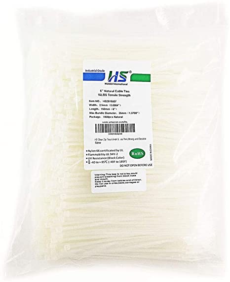 HS Clear Zip Ties 6 Inch Small (1000 Pack) 18 LBS Self Locking Zip Ties White Nylon Ties Thin,Strong and Durable