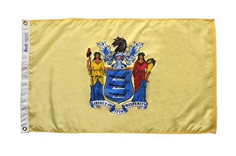 Annin Flagmakers Model 143660 New Jersey State Flag 3x5 ft. Nylon SolarGuard Nyl-Glo 100% Made in USA to Official State Design Specifications.