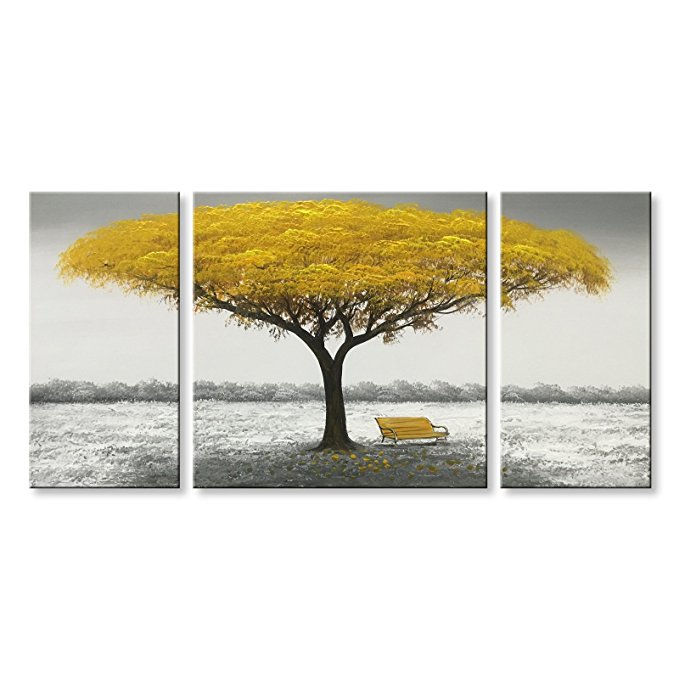 Winpeak Hand Painted Yellow Tree Modern Oil Painting Landscape Canvas Wall Art Abstract Picture Home Decoration Contemporary Artwork Framed Ready to Hang (48"W x 24"H (12"x24" x2pcs, 24"x24" x1pc))