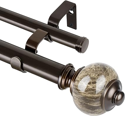 KAMANINA 1 Inch Double Curtain Rods for Windows 66 to 120 Bronze Telescoping Decorative Curtain Rod, Heavy Duty Dual Drapery Rods with Marbled Finials