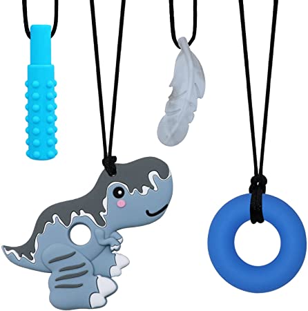 Sensory Chew Necklaces for Boys and Girls, 4 Pack Chewy Necklaces for Autism Kids with ADHD, SPD, or Baby Teething Nursing Needs, Silicone Oral Chew Teether Toys Reduce Biting Fidgeting for Toddlers Adults (Grey)
