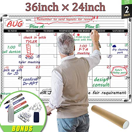 Jumbo Large Dry Erase Wall Calendar - 24"x 36" Premium Undated Erasable Deadline Task Monthly Planner 2020 2021 for Home Office Business Classroom Dorm Room - Pack of 2