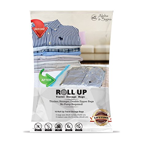 Alpha & Sigma Space Saver Roll Up Storage Bags 10 Pieces M,L Sizes | Practical & Reusable Compression Bags With Ziplock | For Garments, Baby Clothes, Suitcases, Traveling, Underbed, Beddings & More