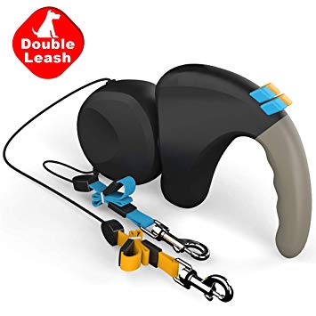 Double Retractable Dog Leash 360° Tangle-Free Dual Doggie Pet Leash for Walking 2 Dogs Up to 50lbs Each,10ft Strong Reflective Polyester Ribbon with Anti-Slip Handle,One-Handed Brake,Pause,Lock- Black