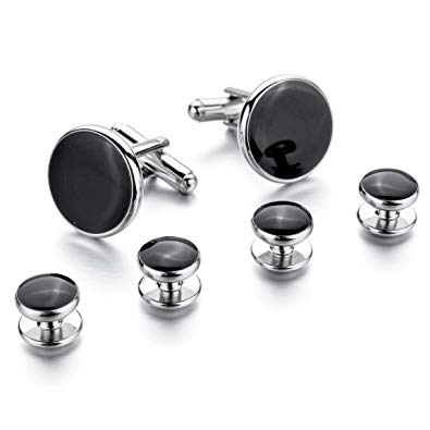 INBLUE Men's Rhodium Plated Enamel Cufflinks Stud Set Tuxedo