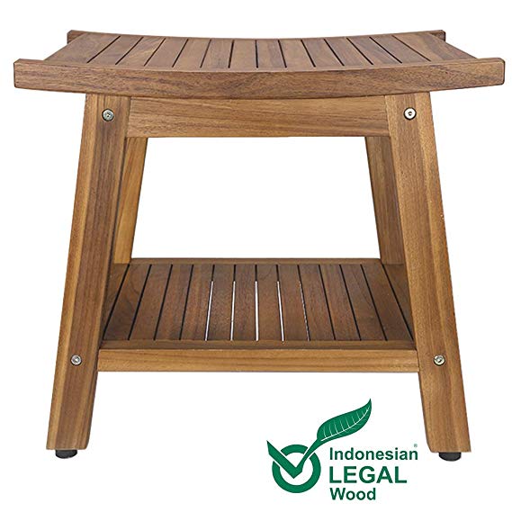 Teak Shower Bench, Teak Shower Stool, 20" Sturdy Waterproof Stool with Shelf Foot Stool & Shower Shelf for Your Bathroom. Suitable for Both Indoor and Outdoor, Nander Stool, Assembly Required