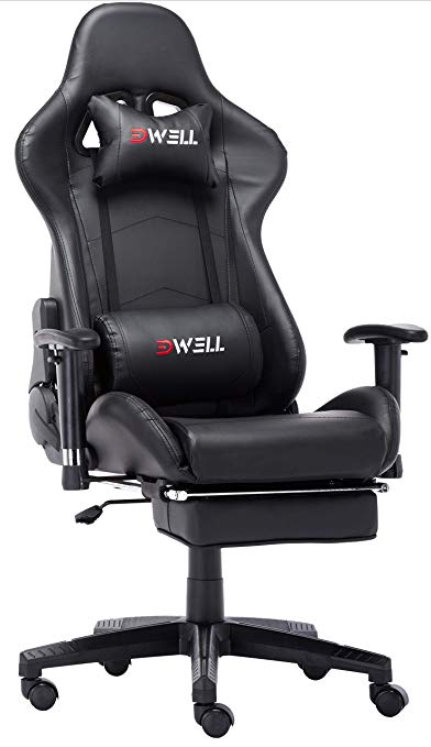 Ergonomic Gaming Chair Headrest Lumbar Massage Support，Racing Style PC Computer Chair Height Adjustable Swivel Retractable Footrest Support Leather Reclining Executive Office Chai(Black)