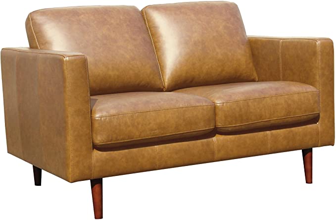 Rivet Revolve Modern Leather Loveseat Sofa, 56"W, Caramel