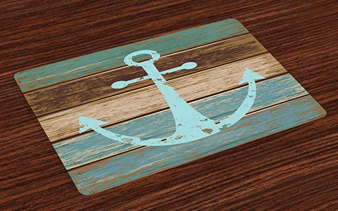 Ambesonne Anchor Place Mats Set of 4, Timeworn Marine on Weathered Wooden Planks Rustic Nautical Theme, Washable Fabric Placemats for Dining Table, Standard Size, Teal Brown