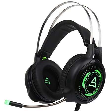 [2017 Newly Updated USB Gaming Headphone] SUPSOO G815 Gaming headset Computer Over Ear Stereo Gaming Headsets With Mic Noise Isolating Volume Control LED Light For PC & MAC (Black /Green )