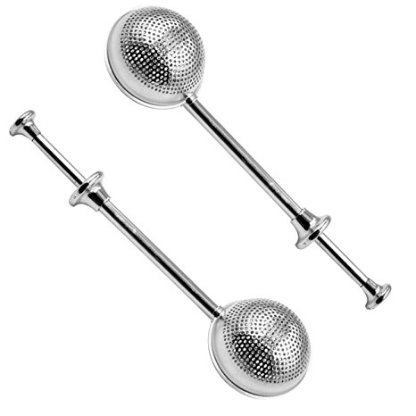 2 PCS Stainless Steel Long Retractable Push Style Handle Tea Ball Interval Strainer Filter Infuser Steeper Ball Spoon