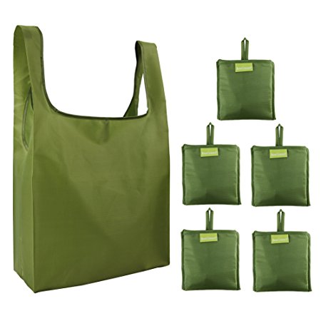 Reusable Grocery Bags Set, Grocery Tote Foldable into Attached Pouch, Ripstop Polyester Reusable Shopping Bags, Washable, Durable and Lightweight (Moss)