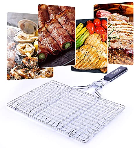 Fish Grill Basket, Stainless Steel BBQ Grilling Basket with Removable Handle, Kabob Grill Basket for Vegetable, Shrimp, Fish, with Basting Brush and Carrying Pouch