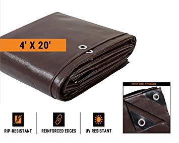 4' x 20' Super Heavy Duty 16 Mil Brown Poly Tarp Cover - Thick Waterproof, UV Resistant, Rot, Rip and Tear Proof Tarpaulin with Grommets and Reinforced Edges - by Xpose Safety